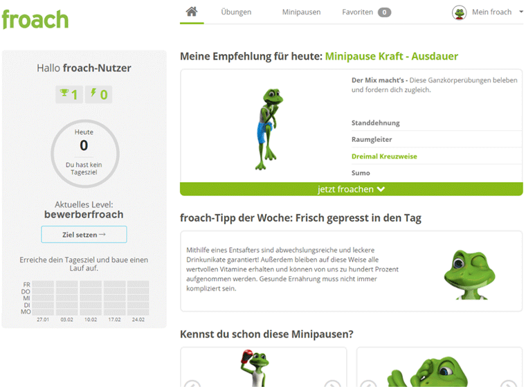 Das digitale "froach Gesundheitsprogramm" Screenshot von froach Gesundheitsprogramm