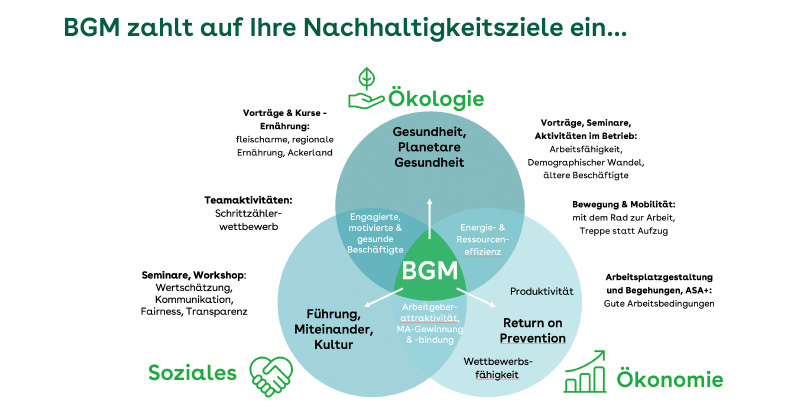 Grafik: Nachhaltigkeitsziele wirken sich auf die Ökologie, das Soziale und die Ökonomie des Unternehmens aus und finden im BGM eine Schnittmenge. Grafik: Nachhaltigkeitsziele wirken sich auf die Ökologie, das Soziale und die Ökonomie des Unternehmens aus und finden im BGM eine Schnittmenge.