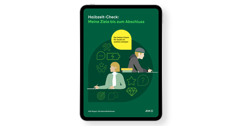 Das Titelblatt des AOK-Halbzeit-Checks zeigt eine Illustration von zwei Auszubildenden, die an Schreibtischen sitzen und sich über ihre Werte und Ziele Gedanken machen.