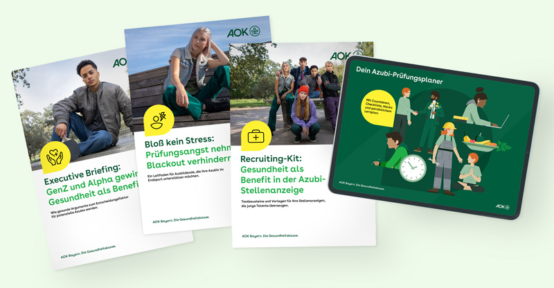 AOK-Ausbildungs-Plus Unterstützungspaket: Eine Übersicht der vier Bestandteile bestehend aus dem Executive Briefing, dem Leitfaden zu Prüfungsangst, dem Recruiting-Kit und dem Azubi-Prüfungsplaner.