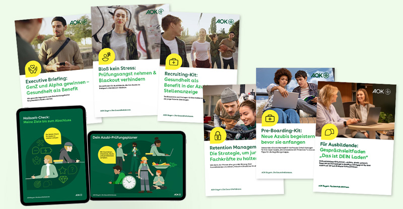 Das AOK-Ausbildungs-Plus-Unterstützungspaket Das AOK-Ausbildungs-Plus-Unterstützungspaket: Eine Übersicht der Bestandteile, bestehend aus den Strategiepapieren „Genz und Alpha gewinnen“ und „Retention Managment – Junge Fachkräfte halten“, dem Recruiting und Pre-Boarding-Kit für Personaler, den Gesprächsleitfaden „Prüfungsangst nehmen und Blackout verhindern“ und „Motivationsgespräche führen“ für Ausbildende und wertvollem Unterstützungsmaterial für die Auszubildenden.