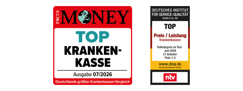 Ausgezeichnet: FOCUS MONEY und DISQ/ntv Auszeichnungen: FOCUS MONEY „TOP Krankenkasse“ (Ausgabe 07/2026) und DISQ/ntv „TOP Preis/Leistung Krankenkassen“ (Juni 2026, Platz 1–3 von 21 Anbietern).