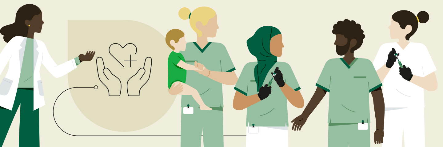 Gemeinsam für eine bessere Pflege Zu sehen sind männliche und weibliche Personen in illustrierter Form aus dem Bereich Pflege