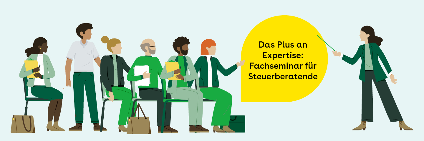 Eine Illustration einer Seminar-Situation, ein Moderator zeigt auf einen großen gelben Störer. In ihm steht „Das Plus an Expertise: Fachseminar für Steuerberatende“