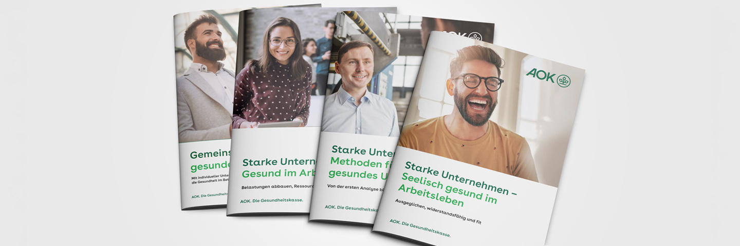 Vier Titelbilder einer Auswahl der BGF-Broschüren der AOK