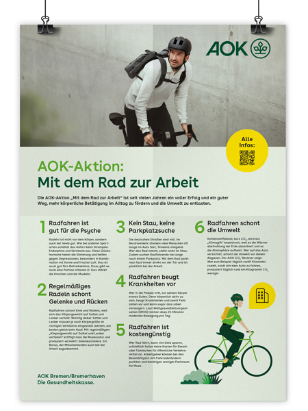 BGF-Poster 02/2026 AOK-Aktion Mit dem Rad zur Arbeit: Mann fährt auf Rennrad. BGF-Poster 02/2026 AOK-Aktion Mit dem Rad zur Arbeit: Mann fährt auf Rennrad.