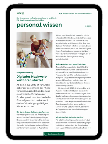 gesundes unternehmen – personal wissen 2-2025: Magazinseite mit kleinem Artikelbild zeigt Mutter mit zwei kleinen Kindern gesundes unternehmen – personal wissen 2-2025: Magazinseite mit kleinem Artikelbild zeigt Mutter mit zwei kleinen Kindern