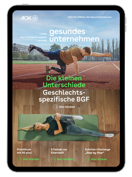 gesundes unternehmen Ausgabe 3-2025: Zweigeteiltes Bild zeigt oben einen Mann bei Dehnübungen auf einer Laufstrecke und unten eine Frau bei Dehnübungen auf einer Yogamatte