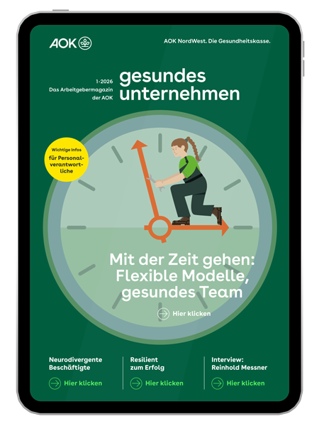 gesundes unternehmen Ausgabe 1-2026: Grafik zeigt Handwerkerin in großer Uhr, die auf dem Stundenzeiger steht gesundes unternehmen Ausgabe 1-2026: Grafik zeigt Handwerkerin in großer Uhr, die auf dem Stundenzeiger steht