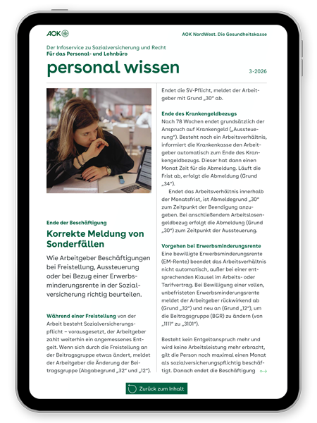 gesundes unternehmen – personal wissen 3-2026: Magazinseite mit kleinem Bild zeigt eine Frau am Rechner 