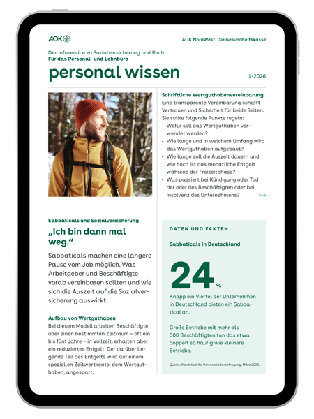 gesundes unternehmen – personal wissen 1-2026: Magazinseite mit kleinem Bild zeigt einen Mann, der in der Natur wandert gesundes unternehmen – personal wissen 1-2026: Magazinseite mit kleinem Bild zeigt einen Mann, der in der Natur wandert
