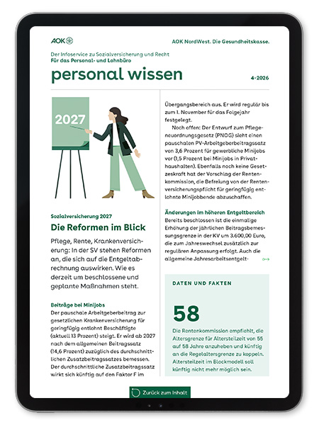 gesundes unternehmen – personal wissen 4-2026: Magazinseite mit kleiner Illustration zeigt eine Frau, die mit einem Zeigestock auf Paragrafen zeigt