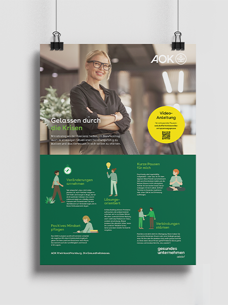 AOK-Plakat "Gelassen durch die Krisen" mit fünf Resilienz-Tipps für den Arbeitsalltag.