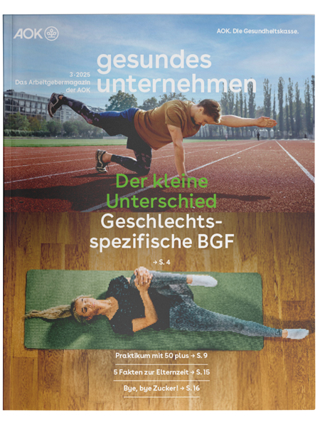 gesundes unternehmen Ausgabe 3-2025: Zweigeteiltes Bild zeigt oben einen Mann bei Dehnübungen auf einer Laufstrecke und unten eine Frau bei Dehnübungen auf einer Yogamatte gesundes unternehmen Ausgabe 3-2025: Zweigeteiltes Bild zeigt oben einen Mann bei Dehnübungen auf einer Laufstrecke und unten eine Frau bei Dehnübungen auf einer Yogamatte