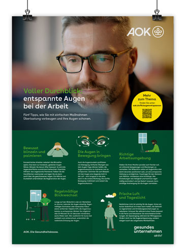 BGF-Poster 04/2025 Entspannte Augen bei der Arbeit: Mann schaut auf einen Bildschirm