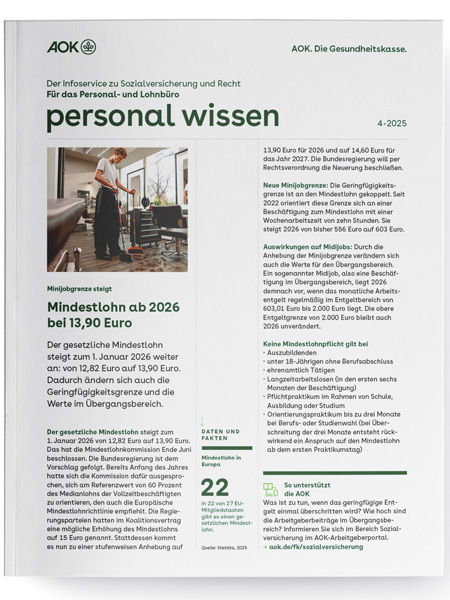 gesundes unternehmen – personal wissen 4-2025: Magazinseite mit kleinem Bild zeigt einen Friseur, der seinen Salon reinigt