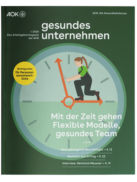 gesundes unternehmen Ausgabe 1-2026: Grafik zeigt Handwerkerin in großer Uhr, die auf dem Stundenzeiger steht