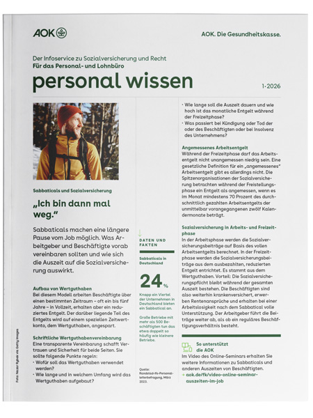 gesundes unternehmen – personal wissen 1-2026: Magazinseite mit kleinem Bild zeigt einen Mann, der in der Natur wandert
