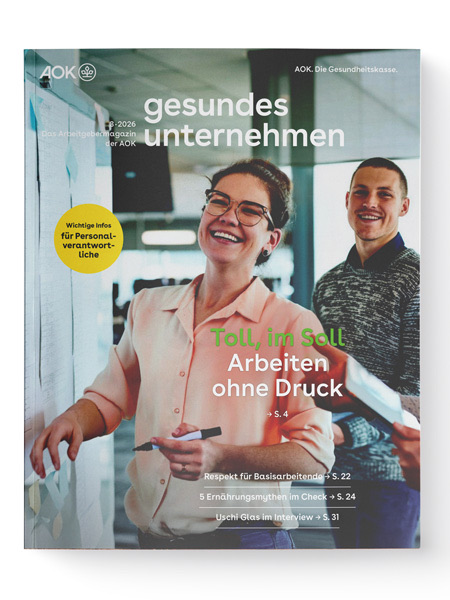 gesundes unternehmen Ausgabe 3-2026: zwei Personen vor Whiteboard.