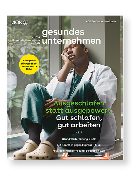gesundes unternehmen Ausgabe 4-2026: Eine Person im Arztkittel ist sichtbar, sie macht Pause und schließt die Augen dabei. gesundes unternehmen Ausgabe 4-2026: Eine Person im Arztkittel ist sichtbar, sie macht Pause und schließt die Augen dabei.
