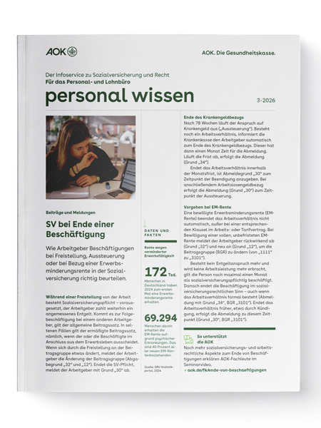 gesundes unternehmen – personal wissen 3-2026: Magazinseite mit kleinem Bild zeigt eine Frau am Rechner.