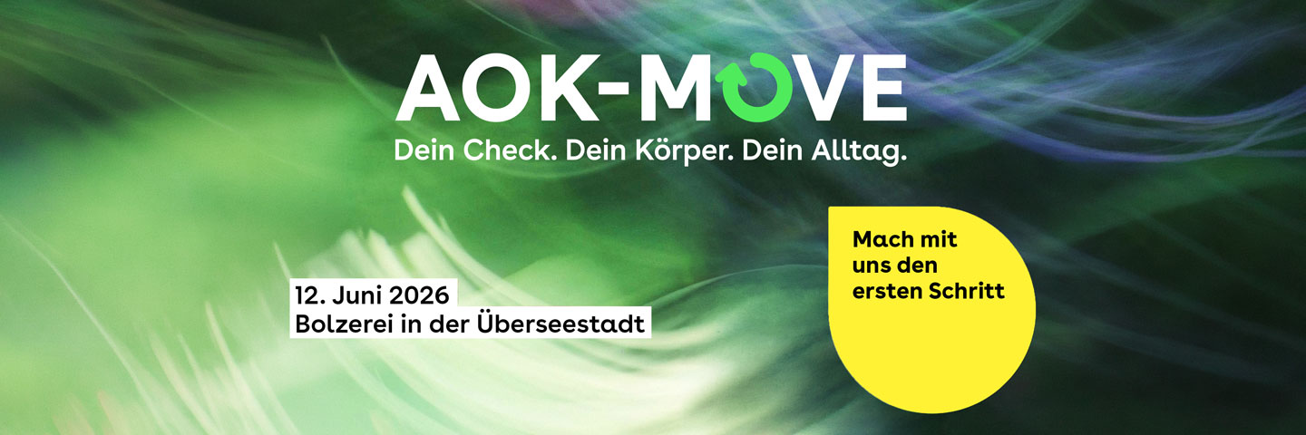 Grünes Banner der AOK-MOVE Aktion. Text: Dein Check. Dein Körper. Dein Alltag. Veranstaltungsort ist die Bolzerei in der Überseestadt am 12.06.2026. Gelber Button mit „Mach mit uns den ersten Schritt“.
