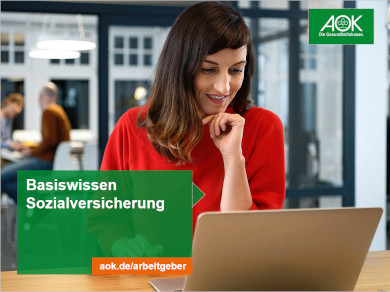 Online-Seminar „Basiswissen Sozialversicherung“ Eine Frau sitzt an einem Laptop.