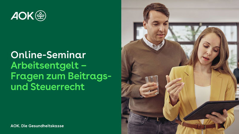 Online-Seminar „Arbeitsentgelt“: Mann und Frau schauen auf ein Tablet