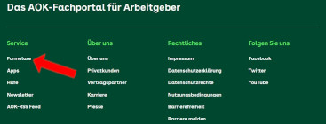 Bildschirmfoto Arbeitgeberportal - Fußbereich mit Link zu Formularen