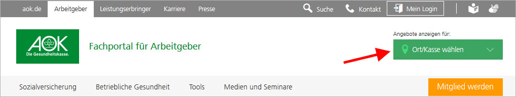 Kopfbereich Arbeitgeberportal - AOK-Auswahl Bildschirmfoto Kopfbereich Arbeitgeberportal - AOK-Auswahl
