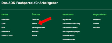 Bildschirmfoto Kopfbereich Arbeitgeberportal - Link zu aok.de