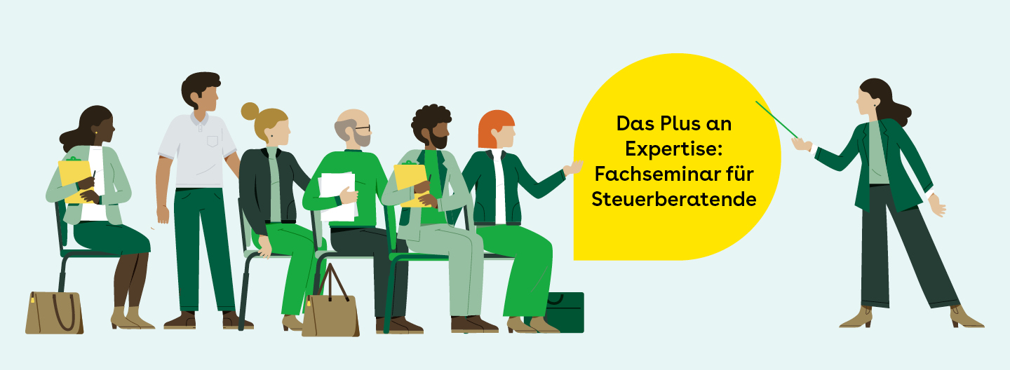 Eine Illustration einer Seminar-Situation, ein Moderator zeigt auf einen großen gelben Störer. In ihm steht „Das Plus an Expertise: Fachseminar für Steuerberatende“