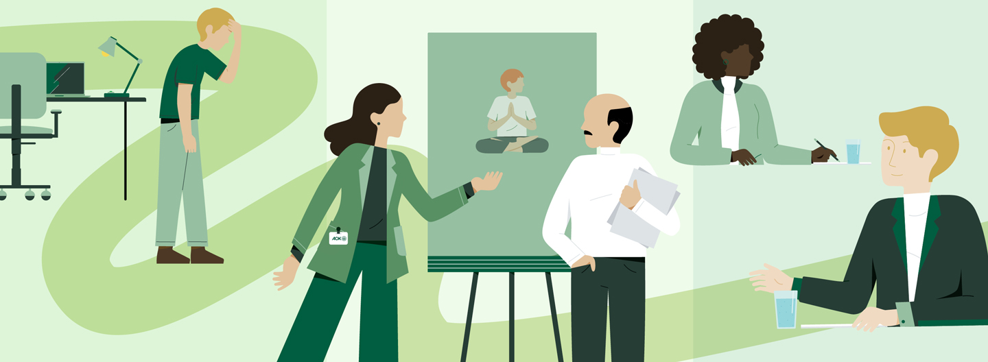 Die AOK Gesundheitsreise: Mehrere Personen im Illustrationsstil, bilden die Positive Auswirkung von Resilienz auf Teams ab.
