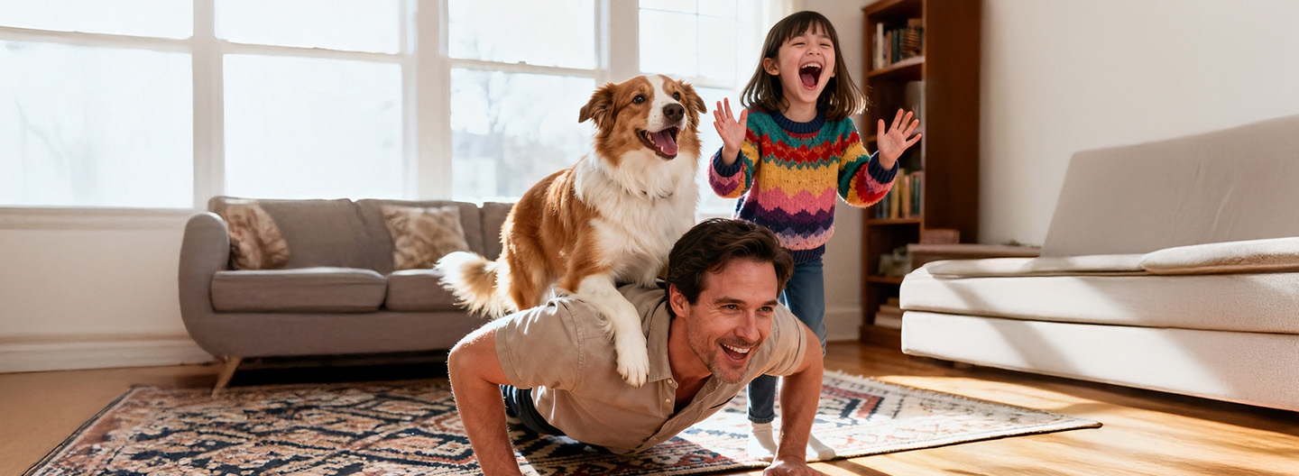 Ein Mann, ein Mädchen und ein Hund befinden sich in einem Wohnzimmer. Der Mann liegt auf dem Boden und der Hund liegt auf seinem Rücken. Alle sehen sehr glücklich aus.