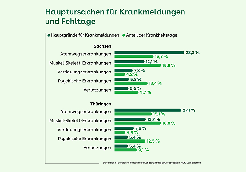 Balkendiagramm zu den Hauptursachen für Krankmeldungen und Fehltage in Sachsen und Thüringen. Es vergleicht Fallzahlen und Dauer bei Atemwegs-, Muskel-Skelett-, Verdauungs-, psychischen Erkrankungen sowie Verletzungen.