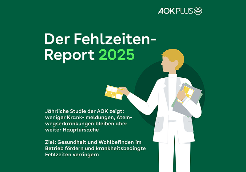 Titelgrafik zum „Fehlzeiten-Report 2025“ der AOK PLUS. Eine Illustration zeigt eine Person in medizinischer Kleidung mit Dokumenten. Der Text hebt den Rückgang von Krankmeldungen bei gleichzeitig anhaltenden Atemwegserkrankungen als Hauptursache hervor.