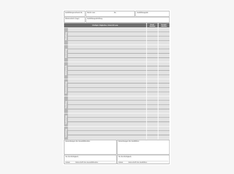 Ausbildungsnachweisheft - Wochenplan Ausbildungsnachweisheft - Abbildung des Wochenplans