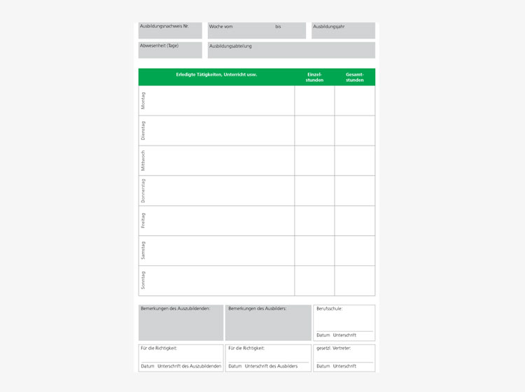 Ausbildungsnachweisheft - Wochenplan Ausbildungsnachweisheft - Abbildung des Wochenplans