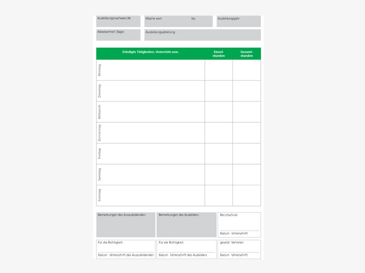 Ausbildungsnachweisheft - Abbildung des Wochenplans