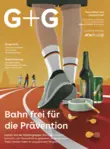 Titelbild G+G 12/2025 mit Illustration von Beinen einer laufenden Person auf roter Bahn, im Hintergrund Bäume und Wolken.