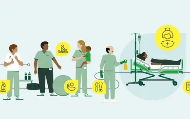 Titelillustraiton zu verschiedenen Berufen im Bereich der Pflege