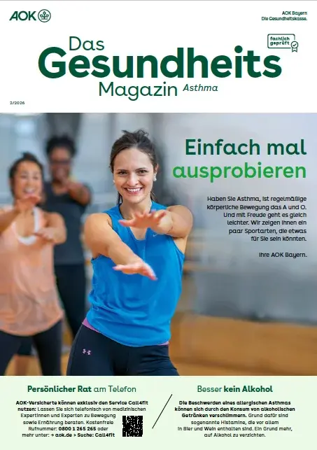 Titelseite AOK-Gesundheitsmagazin Asthma – Ausgabe 2/2026