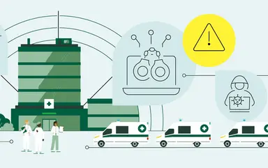 Titelillustration: Stilisierte Darstellung eines Krankenhauses als Knotenpunkt im Bevölkerungsschutz. Um das Gebäude gruppieren sich Symbole für Warnung, Drohnen, Labordiagnostik, Cyberabwehr und Kommunikation. Mehrere Rettungswagen stehen bereit, medizinisches Personal ist im Vordergrund. Die Grafik verdeutlicht die Vernetzung von Akteuren und Technologien im Krisen- und Katastrophenfall.