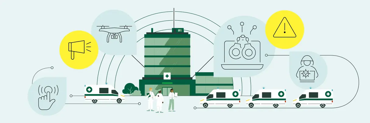 Titelillustration: Stilisierte Darstellung eines Krankenhauses als Knotenpunkt im Bevölkerungsschutz. Um das Gebäude gruppieren sich Symbole für Warnung, Drohnen, Labordiagnostik, Cyberabwehr und Kommunikation. Mehrere Rettungswagen stehen bereit, medizinisches Personal ist im Vordergrund. Die Grafik verdeutlicht die Vernetzung von Akteuren und Technologien im Krisen- und Katastrophenfall.
