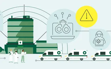 Titelillustration: Stilisierte Darstellung eines Krankenhauses als Knotenpunkt im Bevölkerungsschutz. Um das Gebäude gruppieren sich Symbole für Warnung, Drohnen, Labordiagnostik, Cyberabwehr und Kommunikation. Mehrere Rettungswagen stehen bereit, medizinisches Personal ist im Vordergrund. Die Grafik verdeutlicht die Vernetzung von Akteuren und Technologien im Krisen- und Katastrophenfall.