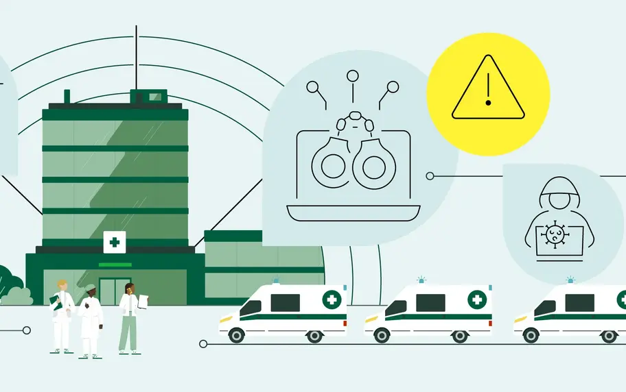 Titelillustration: Stilisierte Darstellung eines Krankenhauses als Knotenpunkt im Bevölkerungsschutz. Um das Gebäude gruppieren sich Symbole für Warnung, Drohnen, Labordiagnostik, Cyberabwehr und Kommunikation. Mehrere Rettungswagen stehen bereit, medizinisches Personal ist im Vordergrund. Die Grafik verdeutlicht die Vernetzung von Akteuren und Technologien im Krisen- und Katastrophenfall.