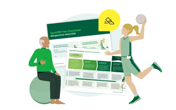 Illustration mit einem älteren Herrn auf einem Gymnastikball und einer Handballerin vor der Checkliste