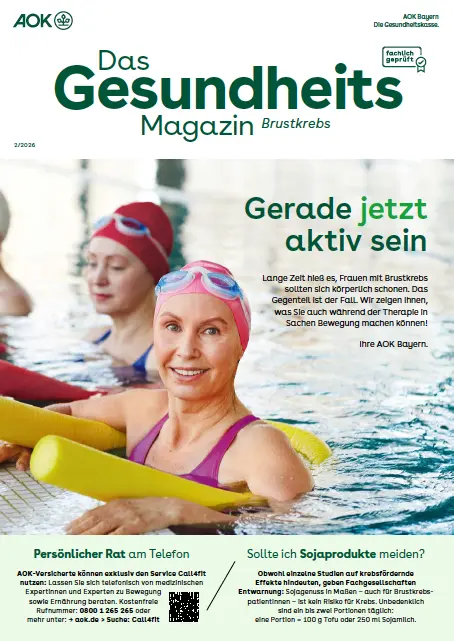 Titelseite AOK-Gesundheitsmagazin Brustkrebs – Ausgabe 2/2026