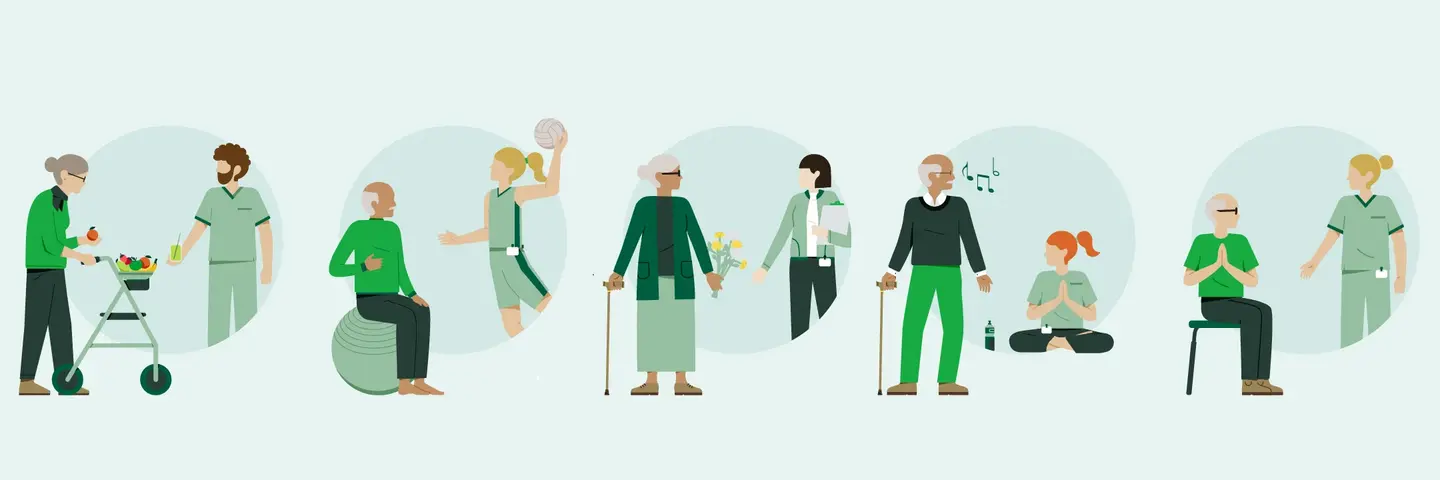 Illustration mit älteren Menschen in verschiedenen Lebenssituationen