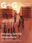 Illustration einer von extremer Hitze geprägten Stadt mit aufgeheizten Gebäuden und Menschen, die unter den hohen Temperaturen leiden. Cover der Zeitschrift „G+G – Gesundheit und Gesellschaft“, Ausgabe 9/2026. 